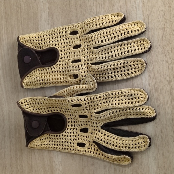 Cream and Brown Crochet & Leather Gloves L/XL Vintage - Picture 2 of 6
